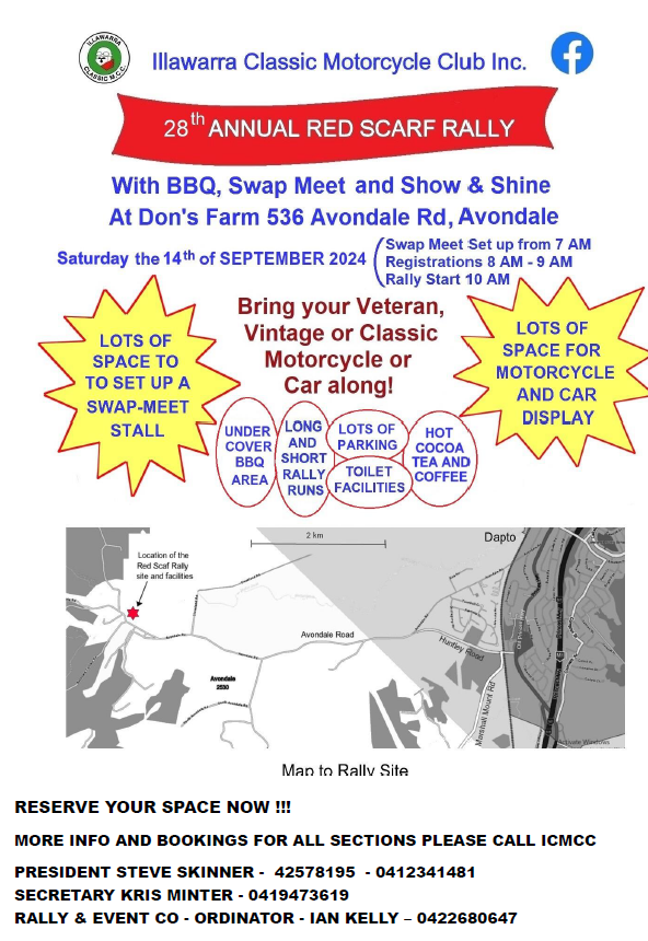 ILLAWARRA CLASSIC MOTORCYCLE CLUBS 28TH RED SCARF RALLY IN AVONDALE NSW